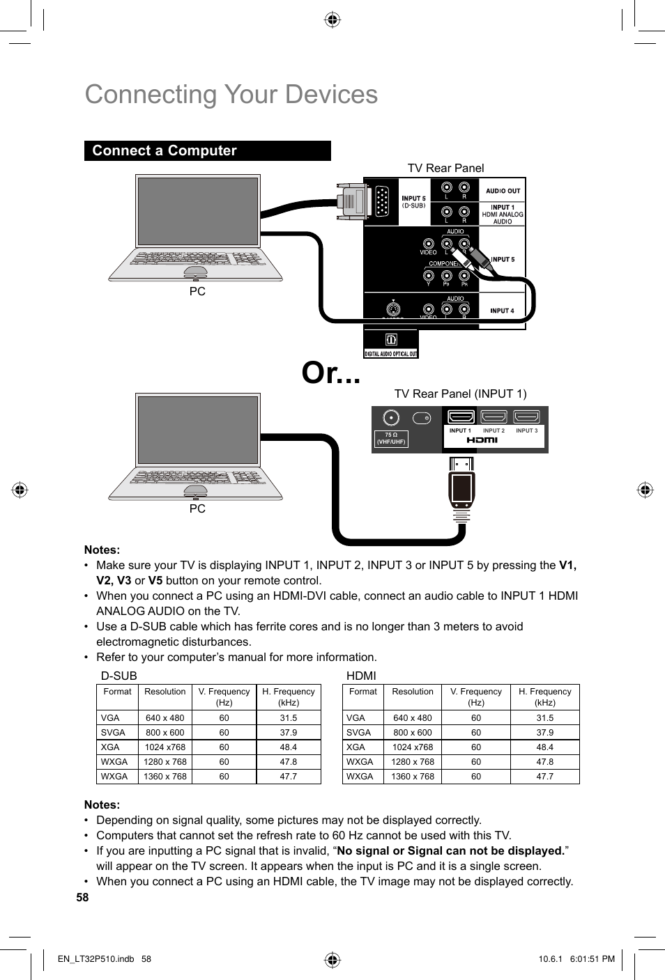 Connect a computer, Connecting your devices | JVC 0610TMH-MW-ST User Manual | Page 58 / 64