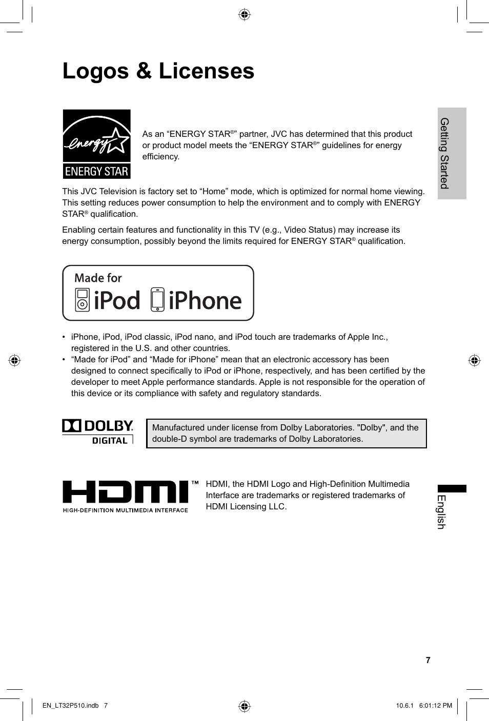 Logos & licenses, English getting started | JVC 0610TMH-MW-ST User Manual | Page 7 / 64