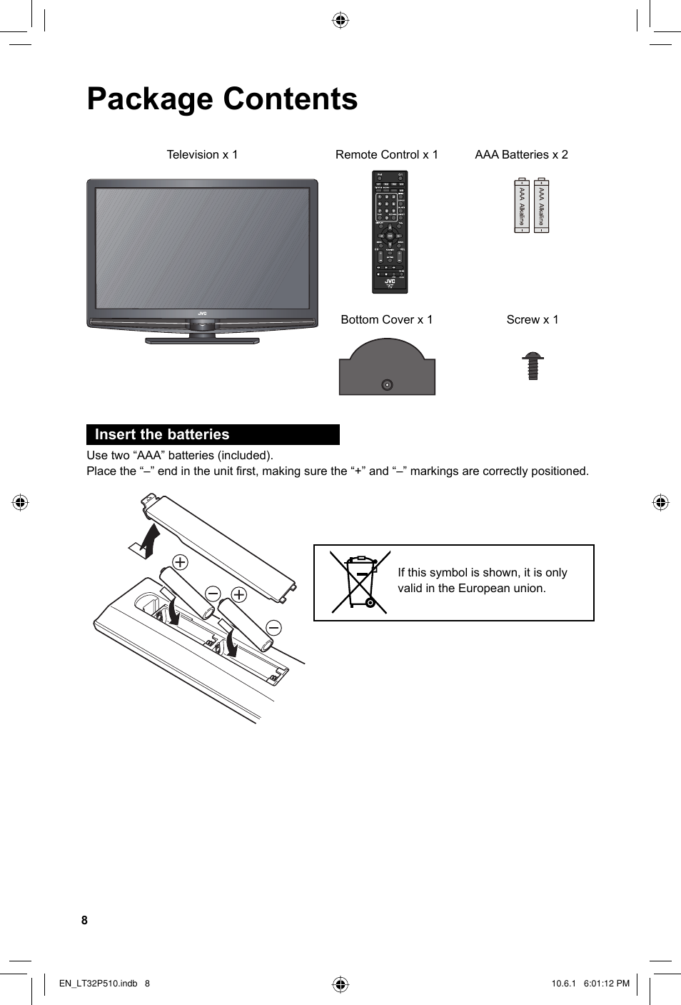 Package contents, Insert the batteries | JVC 0610TMH-MW-ST User Manual | Page 8 / 64
