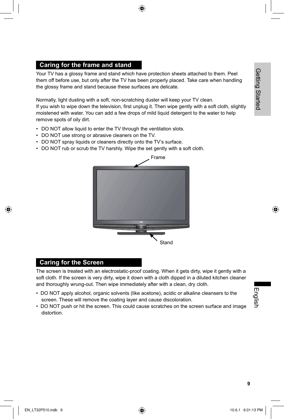 Caring for the frame and stand, Caring for the screen | JVC 0610TMH-MW-ST User Manual | Page 9 / 64
