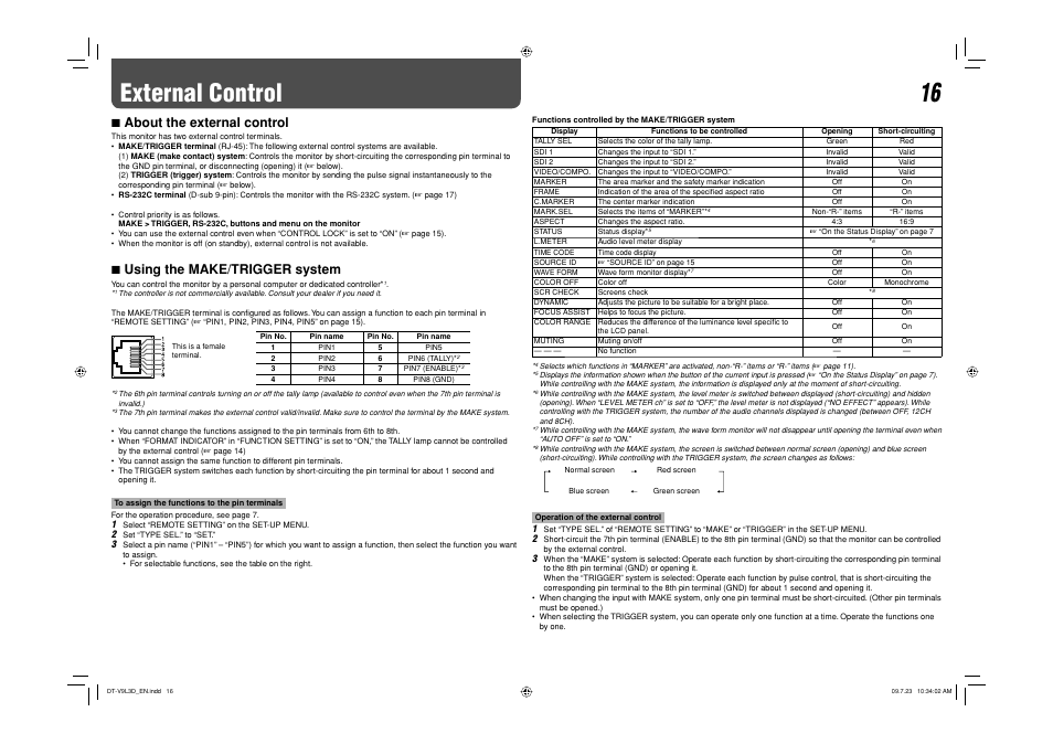 External control, 7 about the external control, 7 using the make/trigger system | JVC DT-V9L3D User Manual | Page 16 / 46