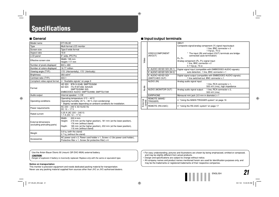 Specifications, 7 general, 7 input/output terminals | JVC DT-V9L3D User Manual | Page 21 / 46