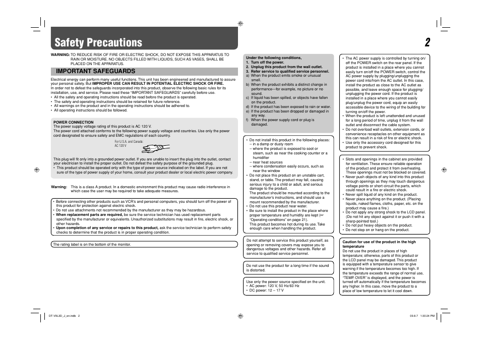 Safety precautions, Important safeguards | JVC DT-V9L3D User Manual | Page 24 / 46