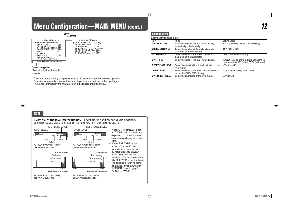 Menu configuration—main menu (cont.), Menu configuration—main menu, Cont.) | JVC DT-V9L3D User Manual | Page 34 / 46