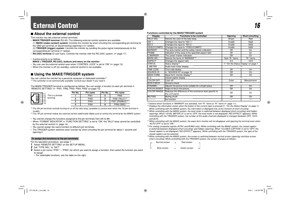 External control, 7 about the external control, 7 using the make/trigger system | JVC DT-V9L3D User Manual | Page 38 / 46