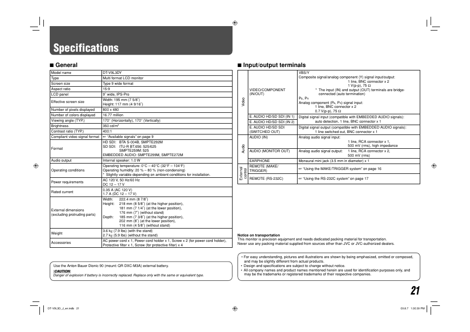 Specifications, 7 general, 7 input/output terminals | JVC DT-V9L3D User Manual | Page 43 / 46