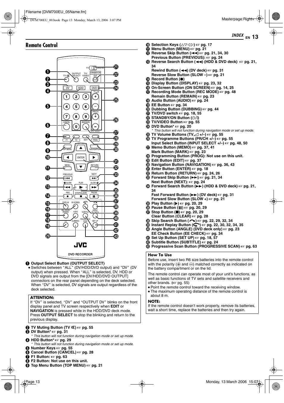 Remote control | JVC SR-DVM700E User Manual | Page 13 / 76