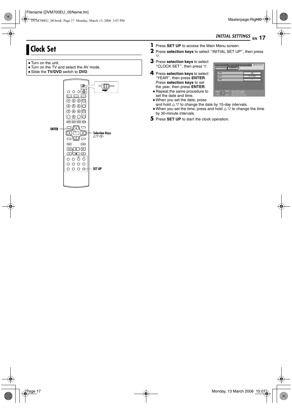 Initial settings, Clock set | JVC SR-DVM700E User Manual | Page 17 / 76