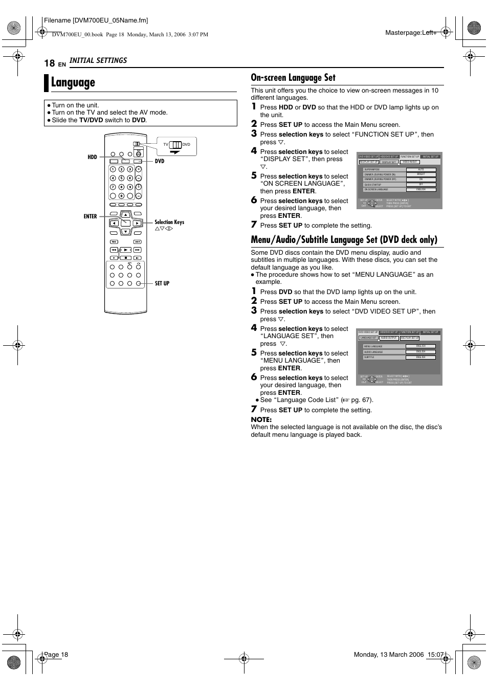 Language, On-screen language set, Menu/audio/subtitle language set (dvd deck only) | Initial settings | JVC SR-DVM700E User Manual | Page 18 / 76