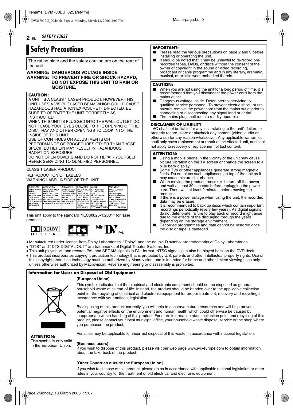 Safety first, Safety precautions | JVC SR-DVM700E User Manual | Page 2 / 76