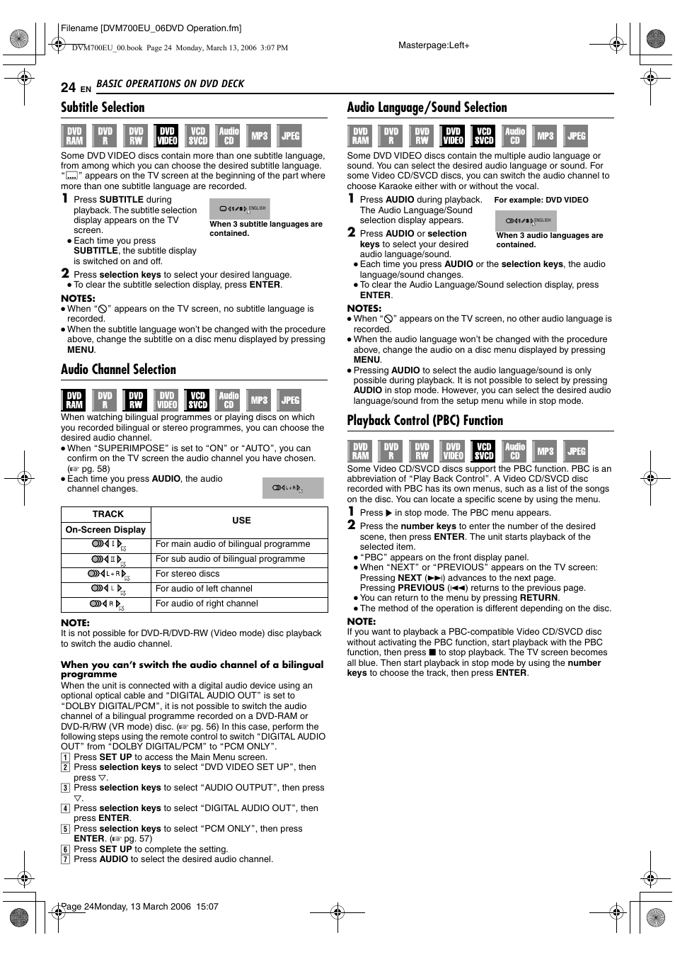 Subtitle selection, Audio channel selection, Audio language/sound selection | Playback control (pbc) function | JVC SR-DVM700E User Manual | Page 24 / 76