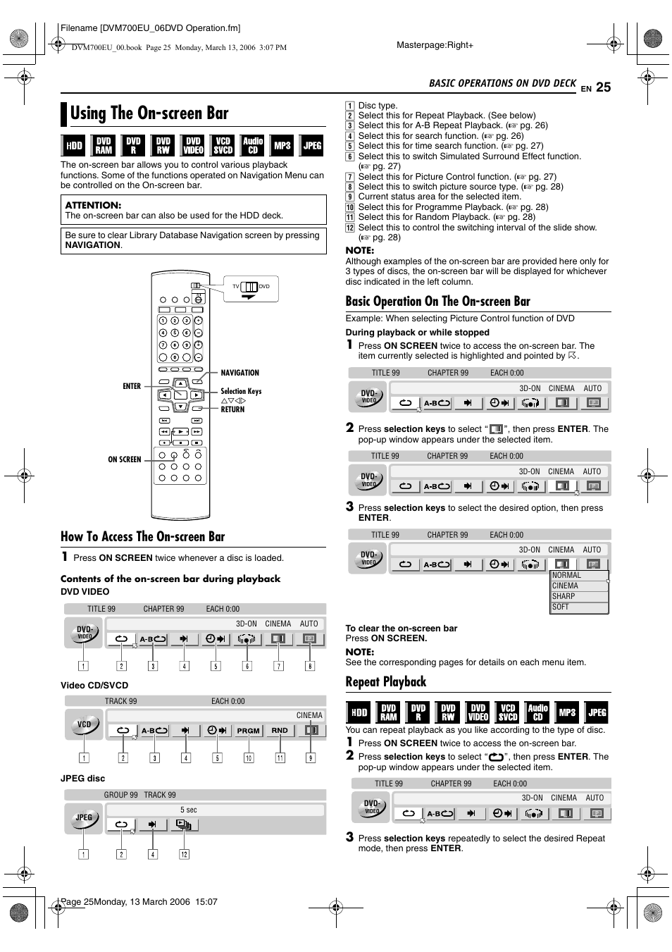 Using the on-screen bar, How to access the on-screen bar, Basic operation on the on-screen bar | Repeat playback | JVC SR-DVM700E User Manual | Page 25 / 76