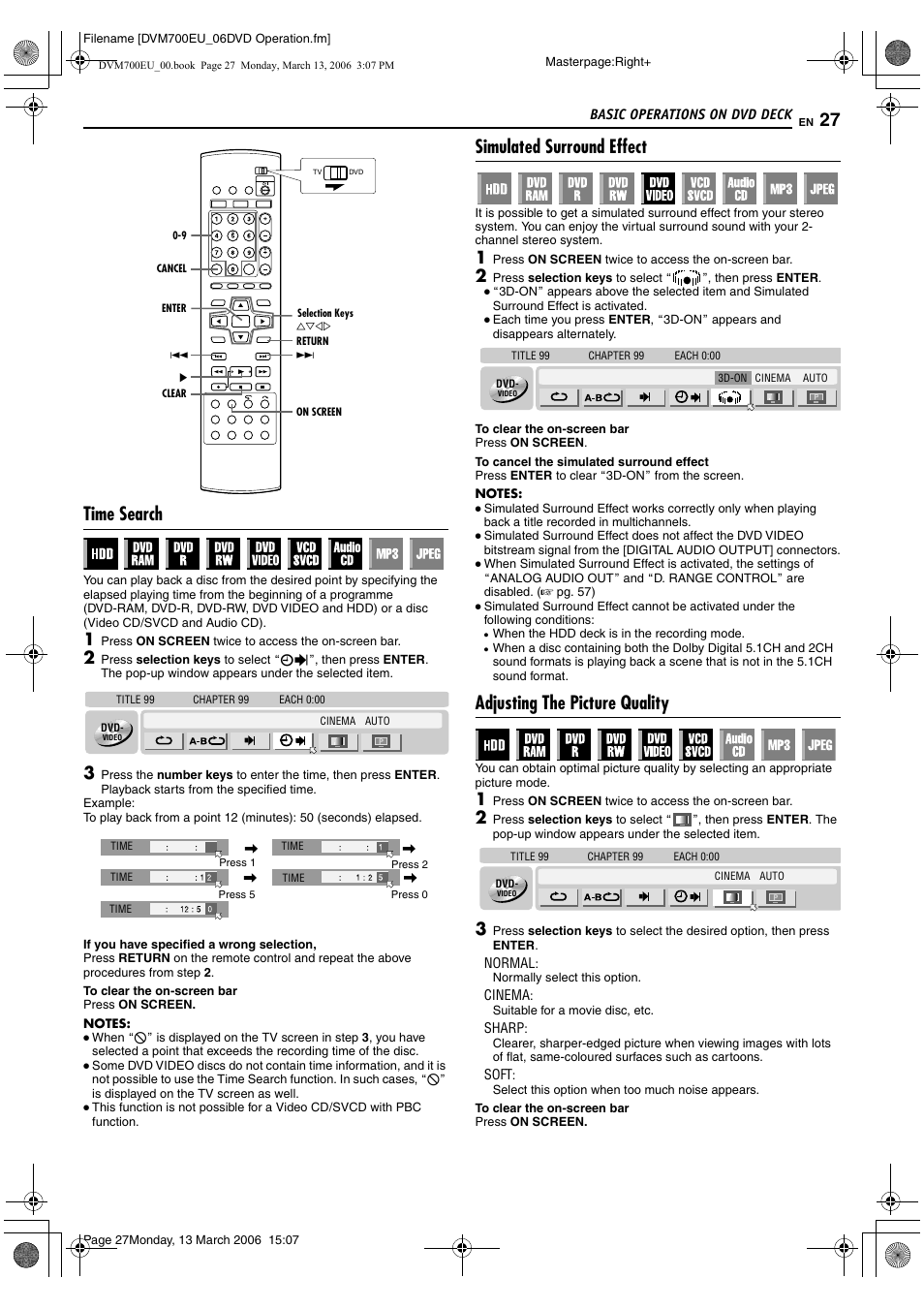 Time search, Simulated surround effect, Adjusting the picture quality | JVC SR-DVM700E User Manual | Page 27 / 76