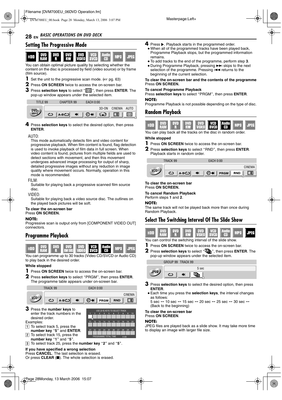 Setting the progressive mode, Programme playback, Random playback | Select the switching interval of the slide show | JVC SR-DVM700E User Manual | Page 28 / 76