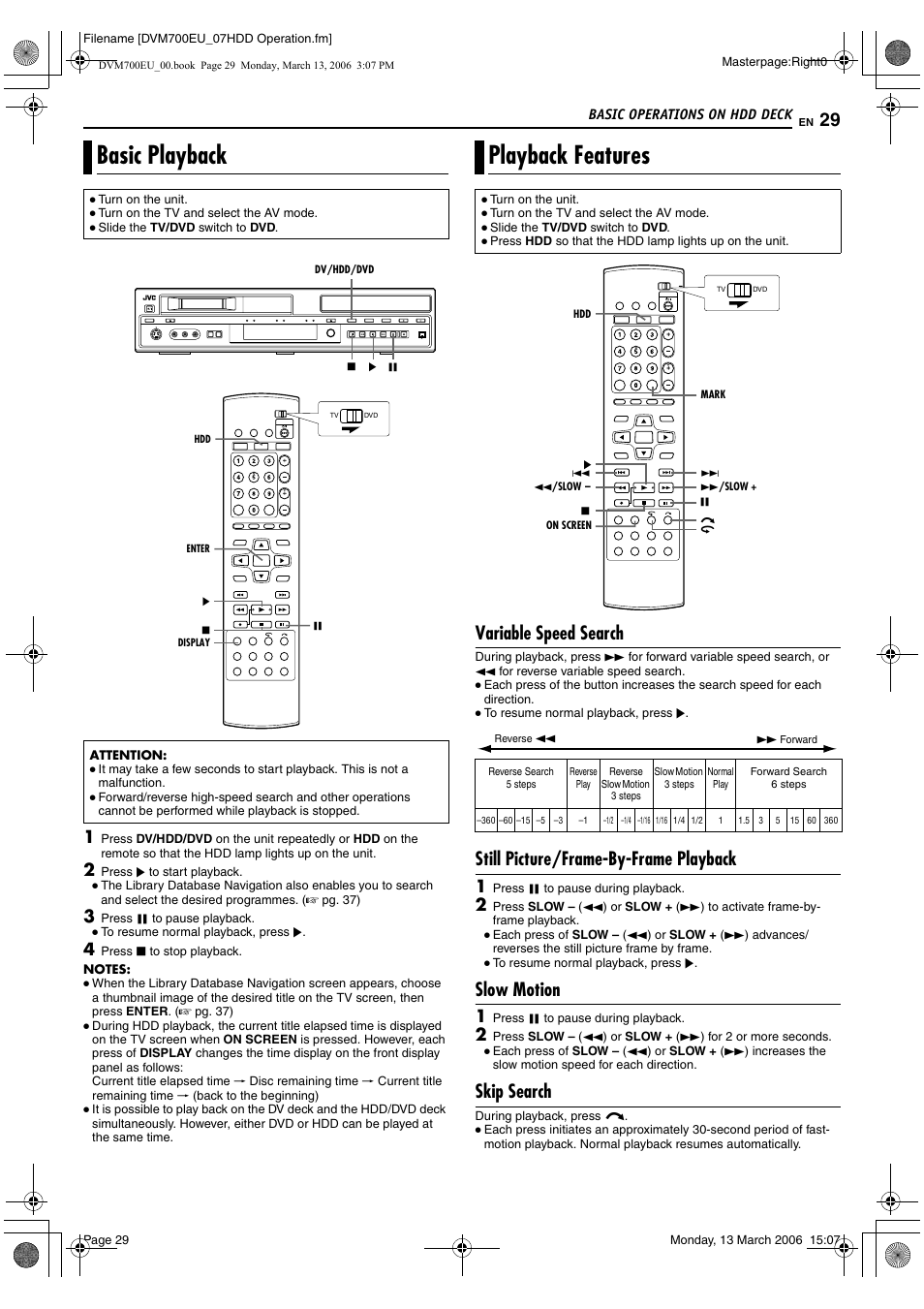 Basic operations on hdd deck, Basic playback, Playback features | Variable speed search, Still picture/frame-by-frame playback, Slow motion, Skip search, Basic playback playback features | JVC SR-DVM700E User Manual | Page 29 / 76