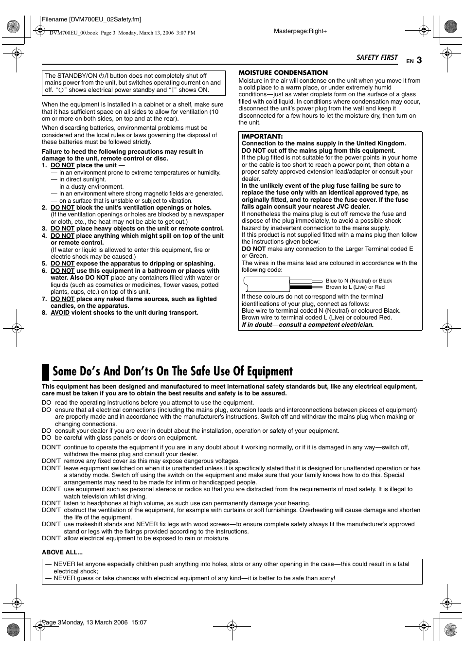 Some do’s and don’ts on the safe use of equipment | JVC SR-DVM700E User Manual | Page 3 / 76