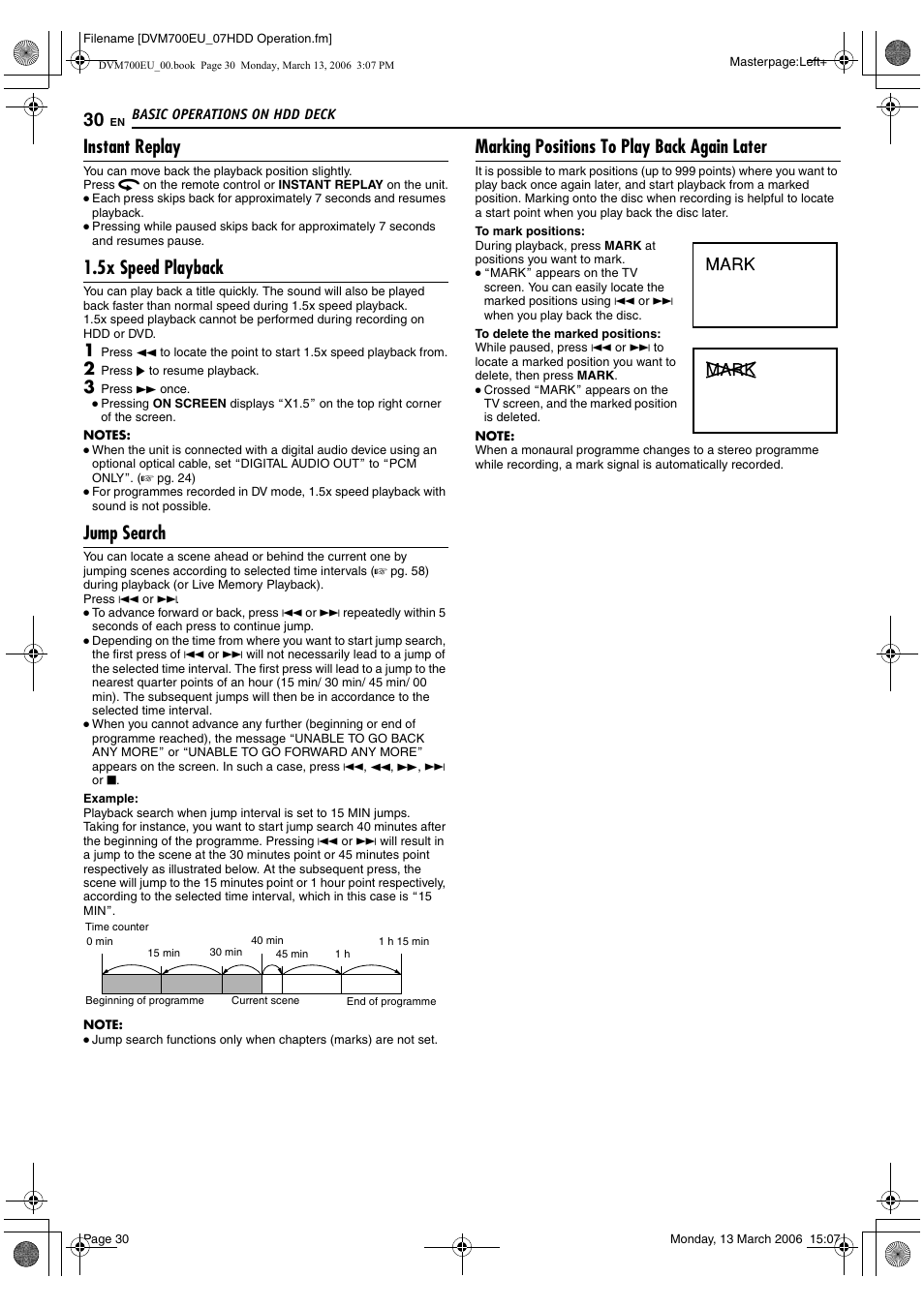 Instant replay, 5x speed playback, Jump search | Marking positions to play back again later | JVC SR-DVM700E User Manual | Page 30 / 76
