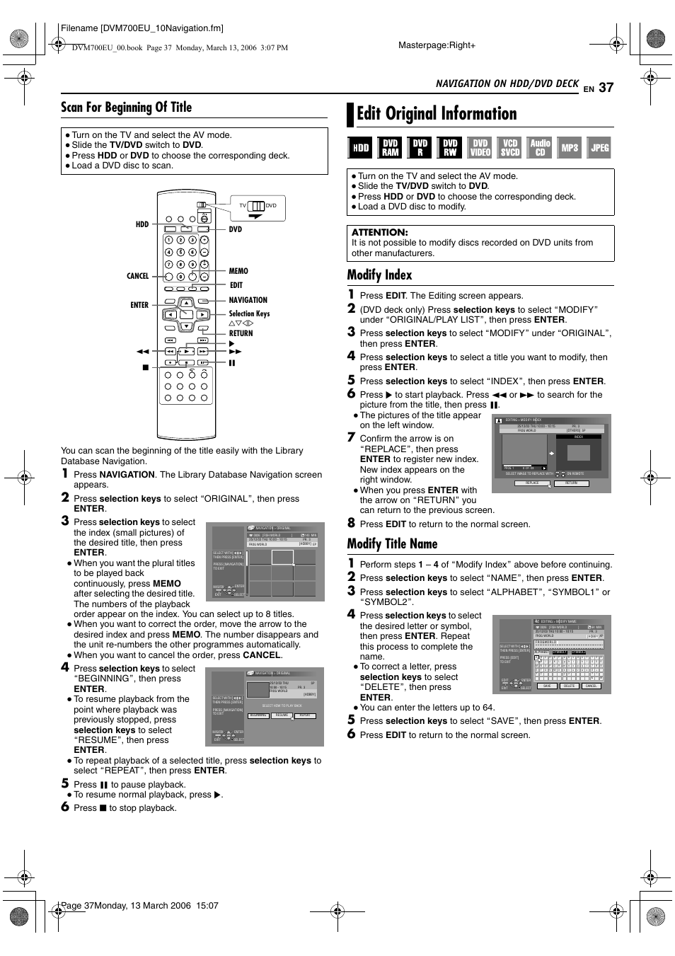 Scan for beginning of title, Edit original information, Modify index | Modify title name, Navigation on hdd/dvd deck, Masterpage:right, When you want to cancel the order, press cancel, Press w to pause playback, Press o to stop playback, Press edit . the editing screen appears | JVC SR-DVM700E User Manual | Page 37 / 76
