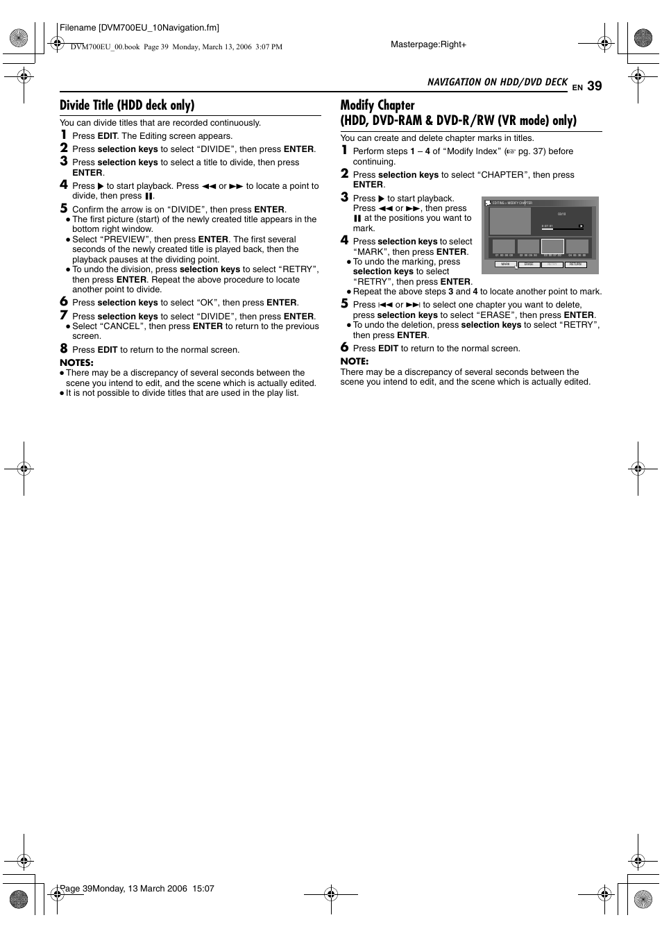 Divide title (hdd deck only) | JVC SR-DVM700E User Manual | Page 39 / 76