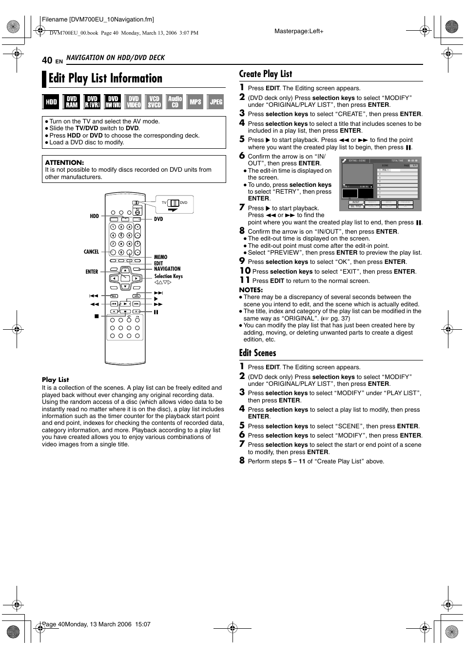 Edit play list information, Create play list, Edit scenes | Navigation on hdd/dvd deck | JVC SR-DVM700E User Manual | Page 40 / 76