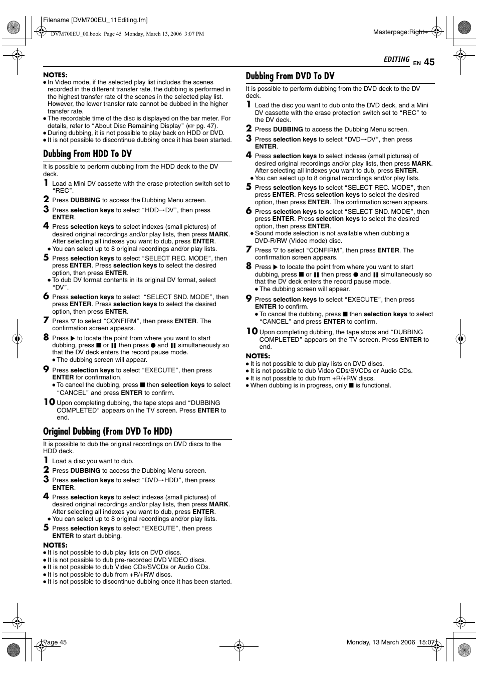 Dubbing from hdd to dv, Original dubbing (from dvd to hdd), Dubbing from dvd to dv | JVC SR-DVM700E User Manual | Page 45 / 76