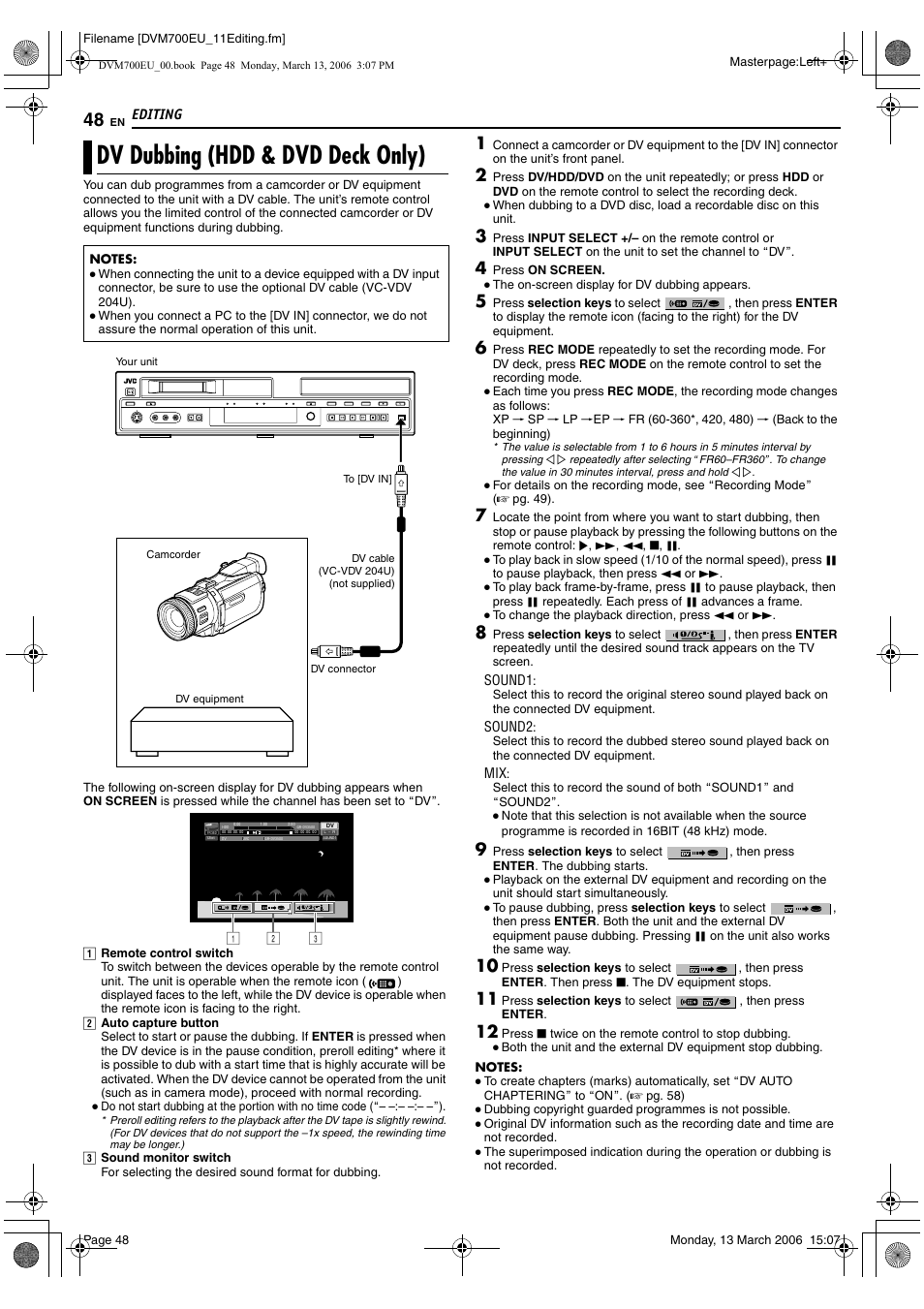 Dv dubbing (hdd & dvd deck only), Editing | JVC SR-DVM700E User Manual | Page 48 / 76