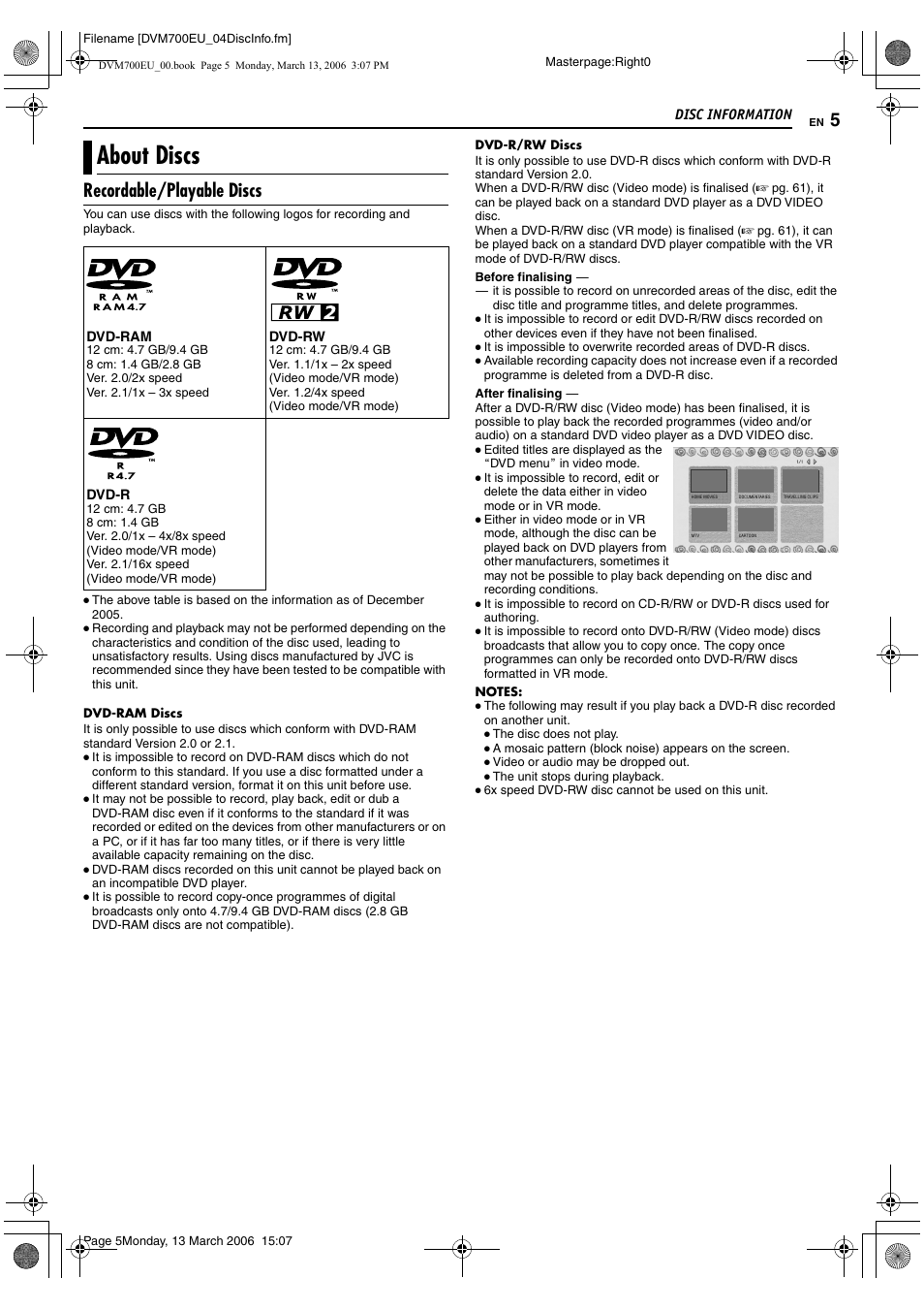 Disc information, About discs, Recordable/playable discs | JVC SR-DVM700E User Manual | Page 5 / 76