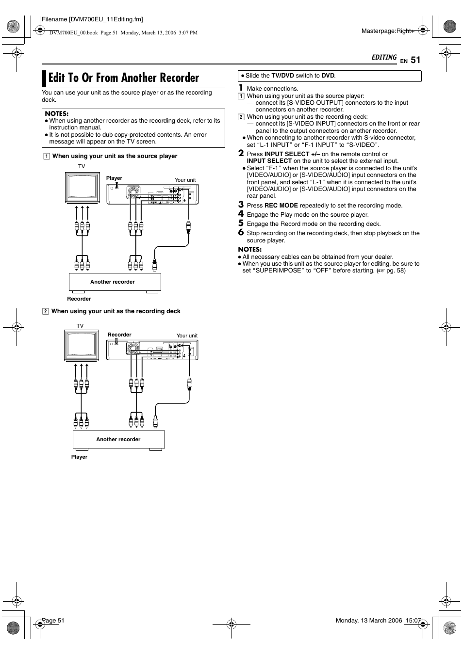 Edit to or from another recorder | JVC SR-DVM700E User Manual | Page 51 / 76