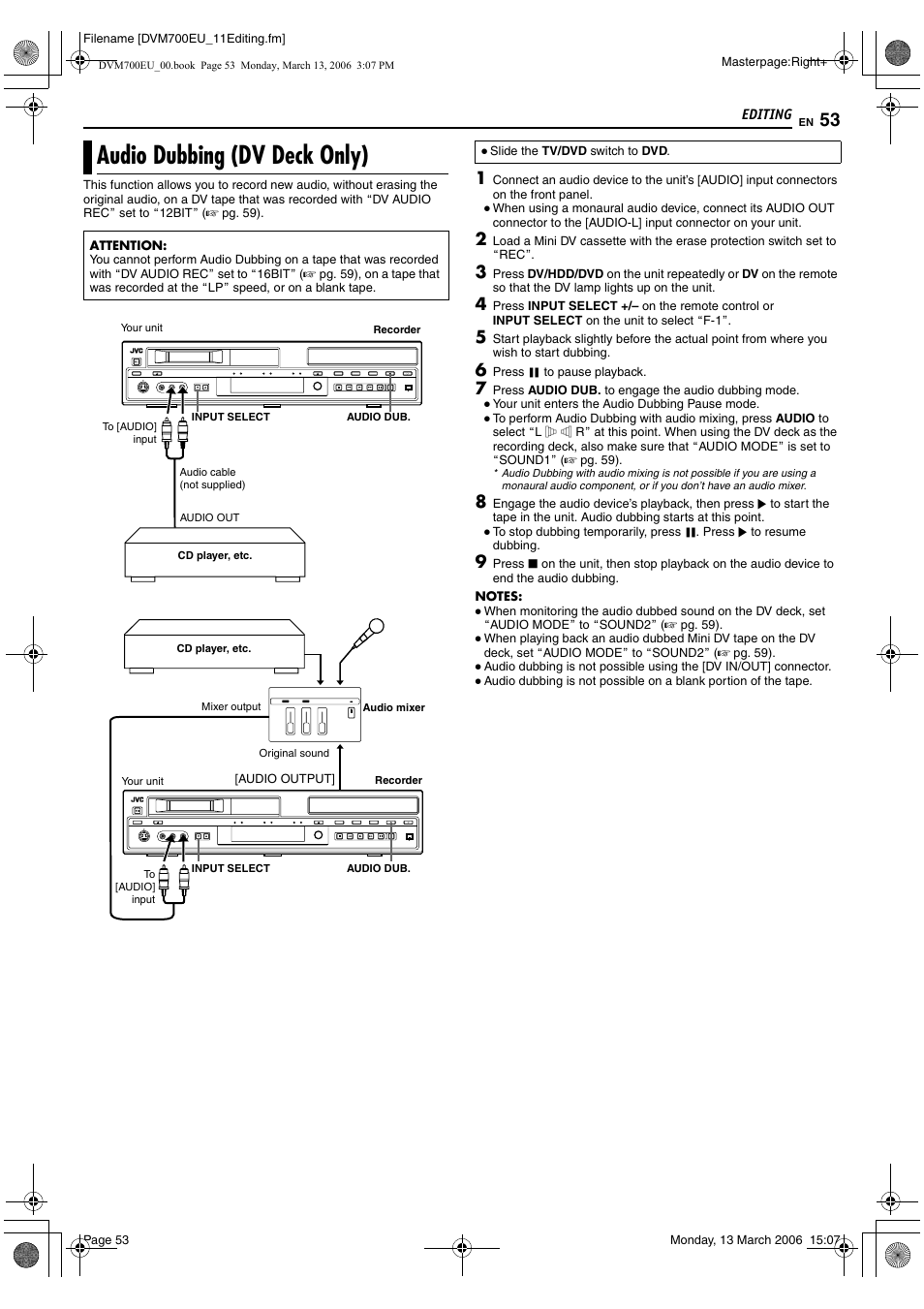 Audio dubbing (dv deck only) | JVC SR-DVM700E User Manual | Page 53 / 76