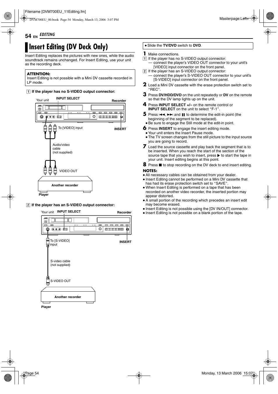 Insert editing (dv deck only) | JVC SR-DVM700E User Manual | Page 54 / 76