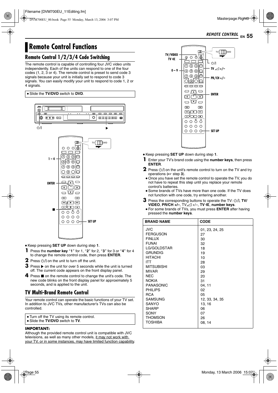 Remote control, Remote control functions, Remote control 1/2/3/4 code switching | Tv multi-brand remote control | JVC SR-DVM700E User Manual | Page 55 / 76