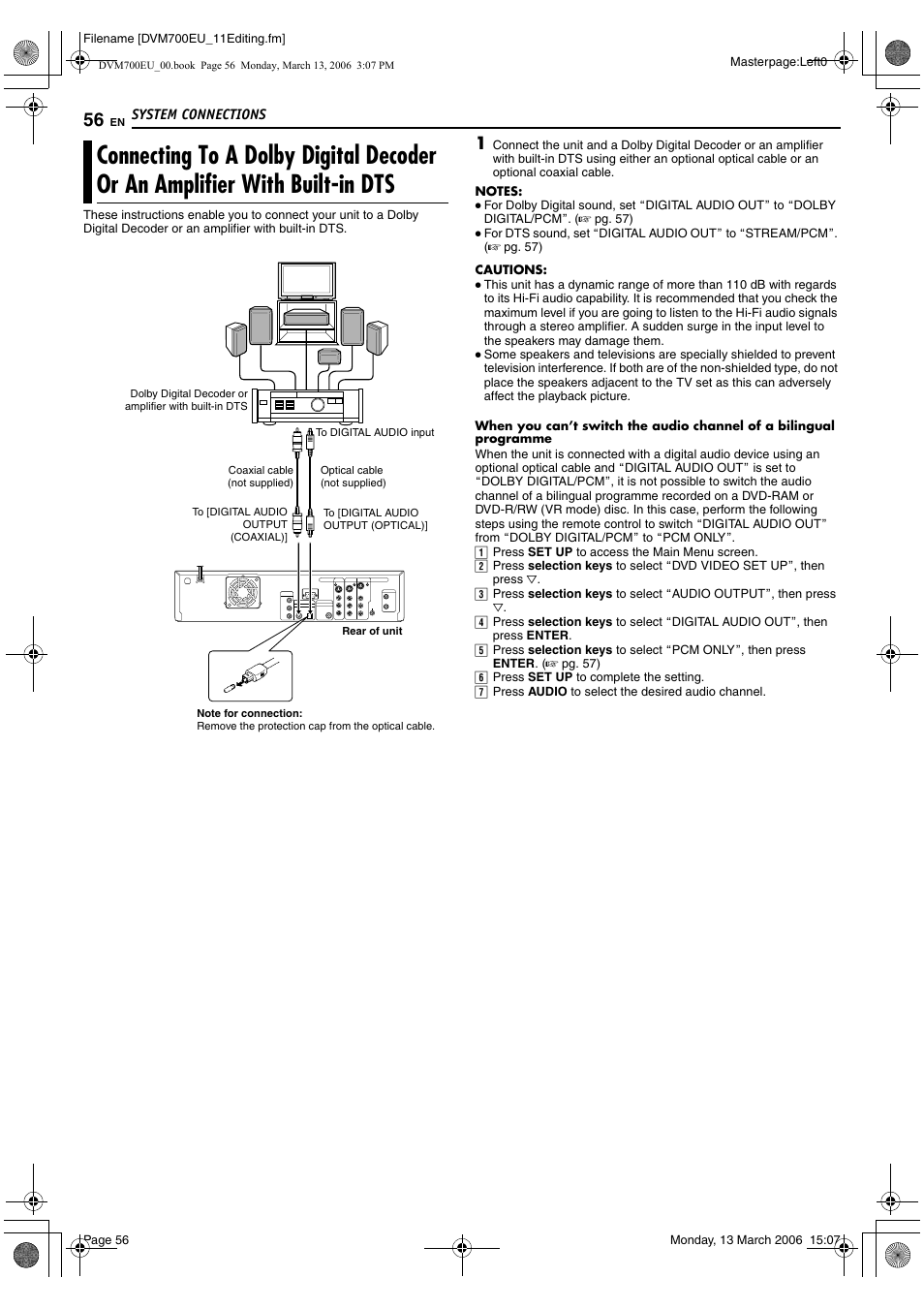 System connections, Connecting to a dolby digital decoder or, An amplifier with built-in dts | JVC SR-DVM700E User Manual | Page 56 / 76