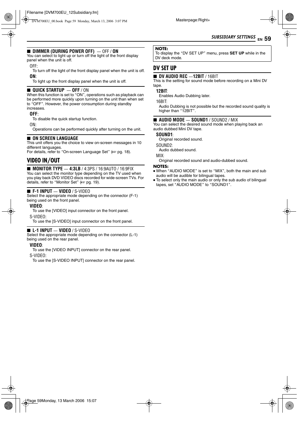 Video in/out, Dv set up | JVC SR-DVM700E User Manual | Page 59 / 76