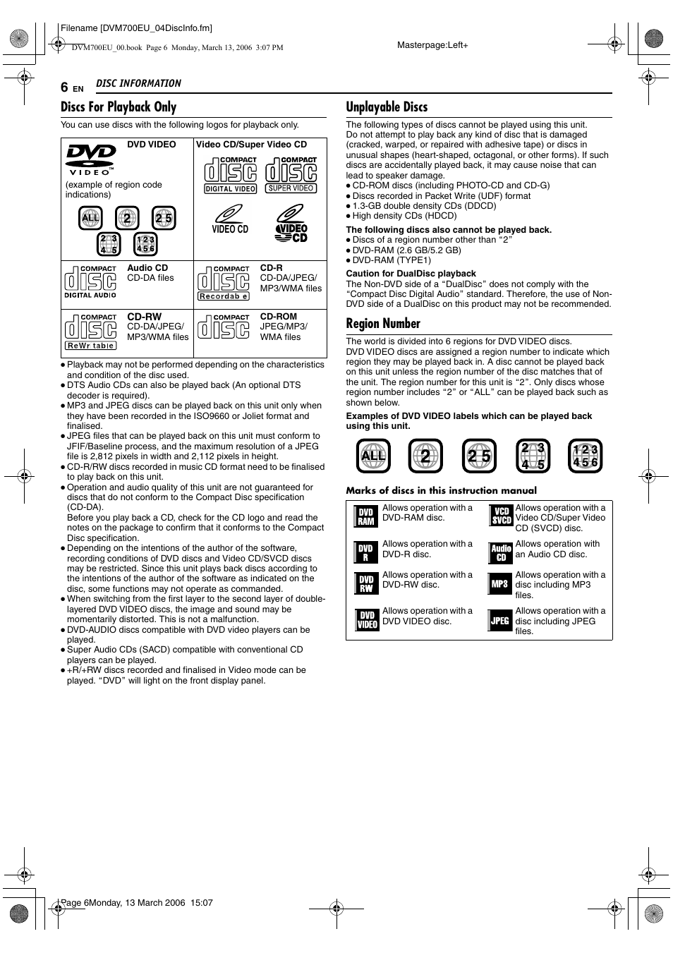Discs for playback only, Unplayable discs, Region number | JVC SR-DVM700E User Manual | Page 6 / 76