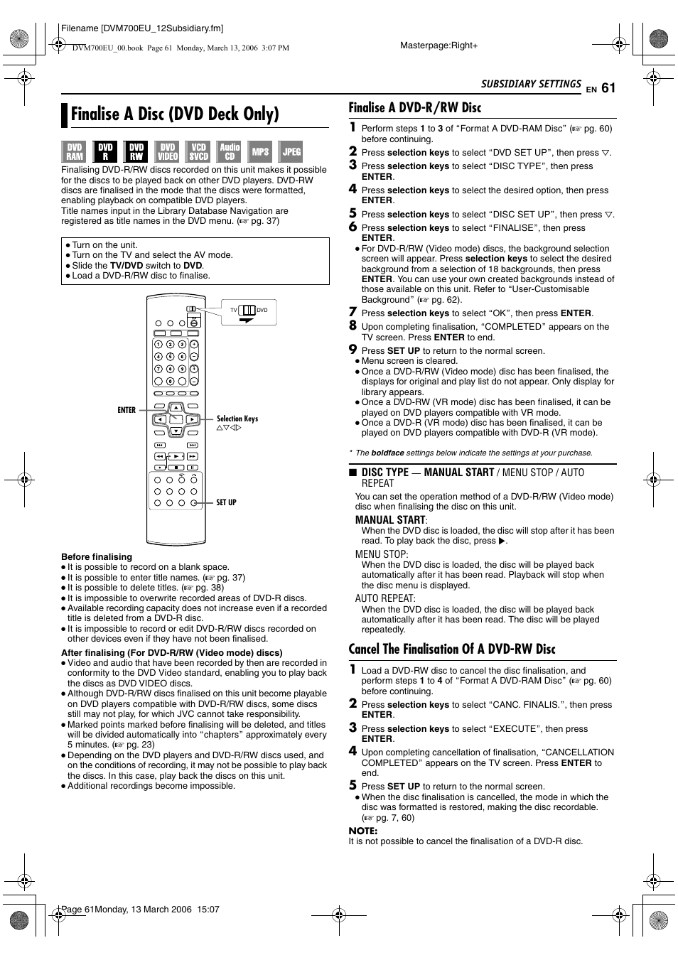 Finalise a disc (dvd deck only), Finalise a dvd-r/rw disc, Cancel the finalisation of a dvd-rw disc | JVC SR-DVM700E User Manual | Page 61 / 76