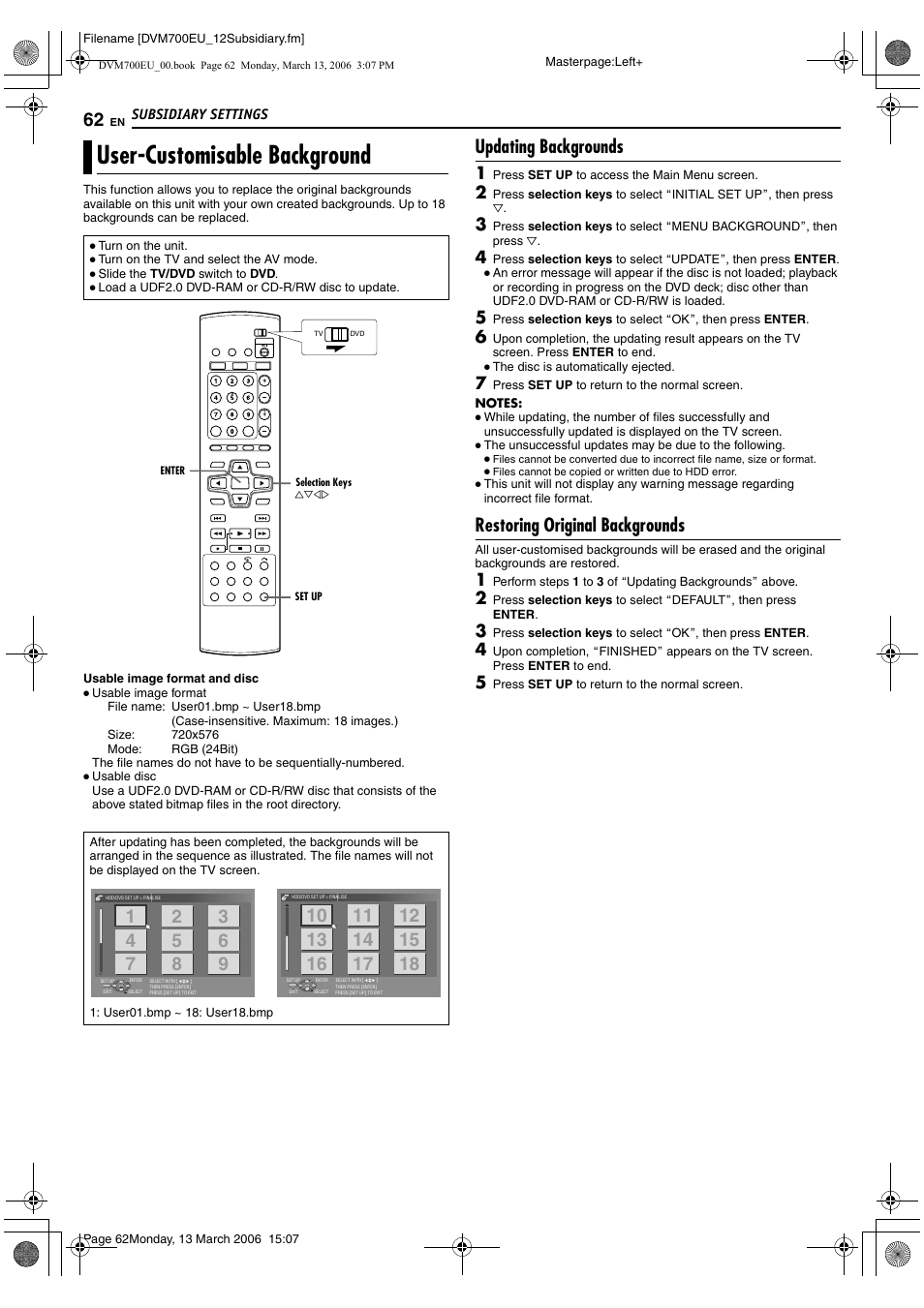 User-customisable background, Updating backgrounds, Restoring original backgrounds | JVC SR-DVM700E User Manual | Page 62 / 76