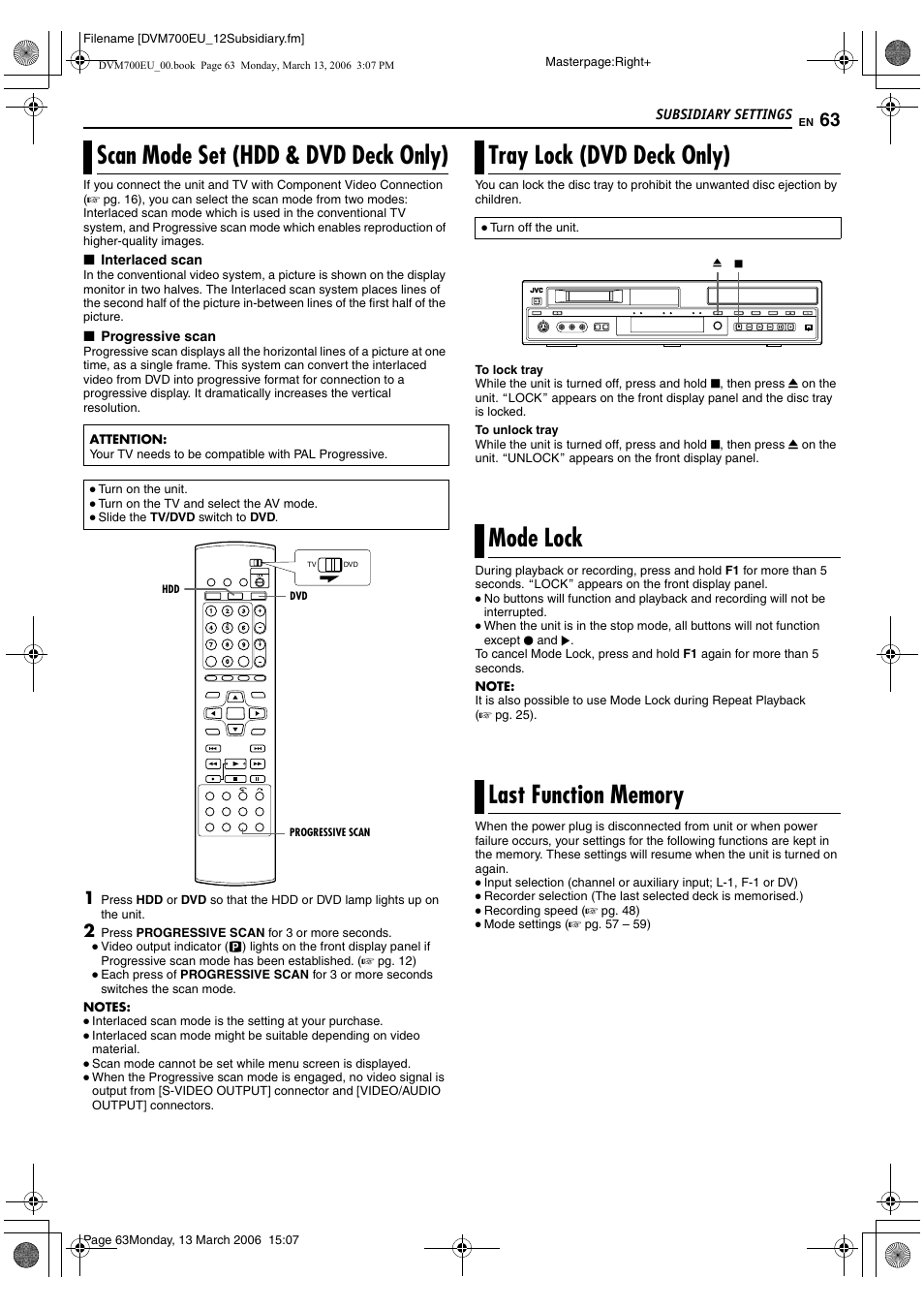 Scan mode set (hdd & dvd deck only), Tray lock (dvd deck only), Mode lock | Last function memory | JVC SR-DVM700E User Manual | Page 63 / 76