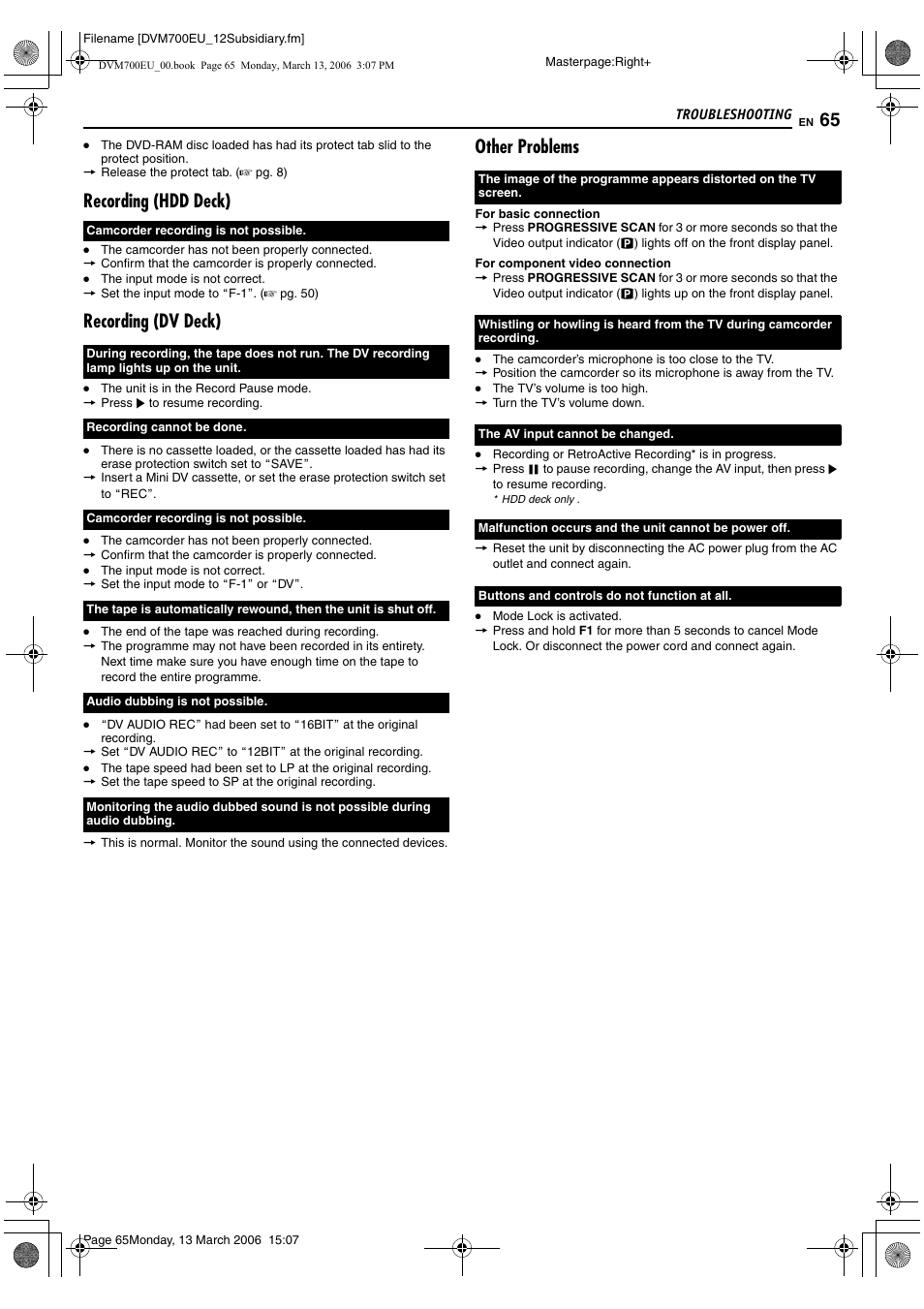 Recording (hdd deck), Recording (dv deck), Other problems | JVC SR-DVM700E User Manual | Page 65 / 76