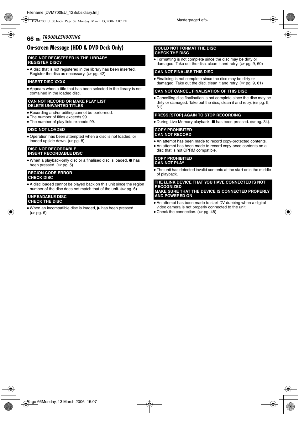 On-screen message (hdd & dvd deck only) | JVC SR-DVM700E User Manual | Page 66 / 76