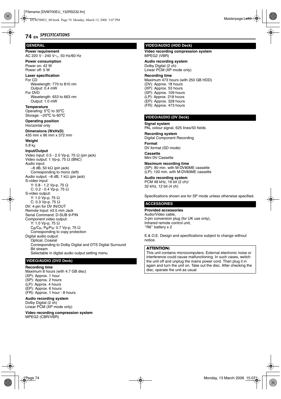 Specifications | JVC SR-DVM700E User Manual | Page 74 / 76