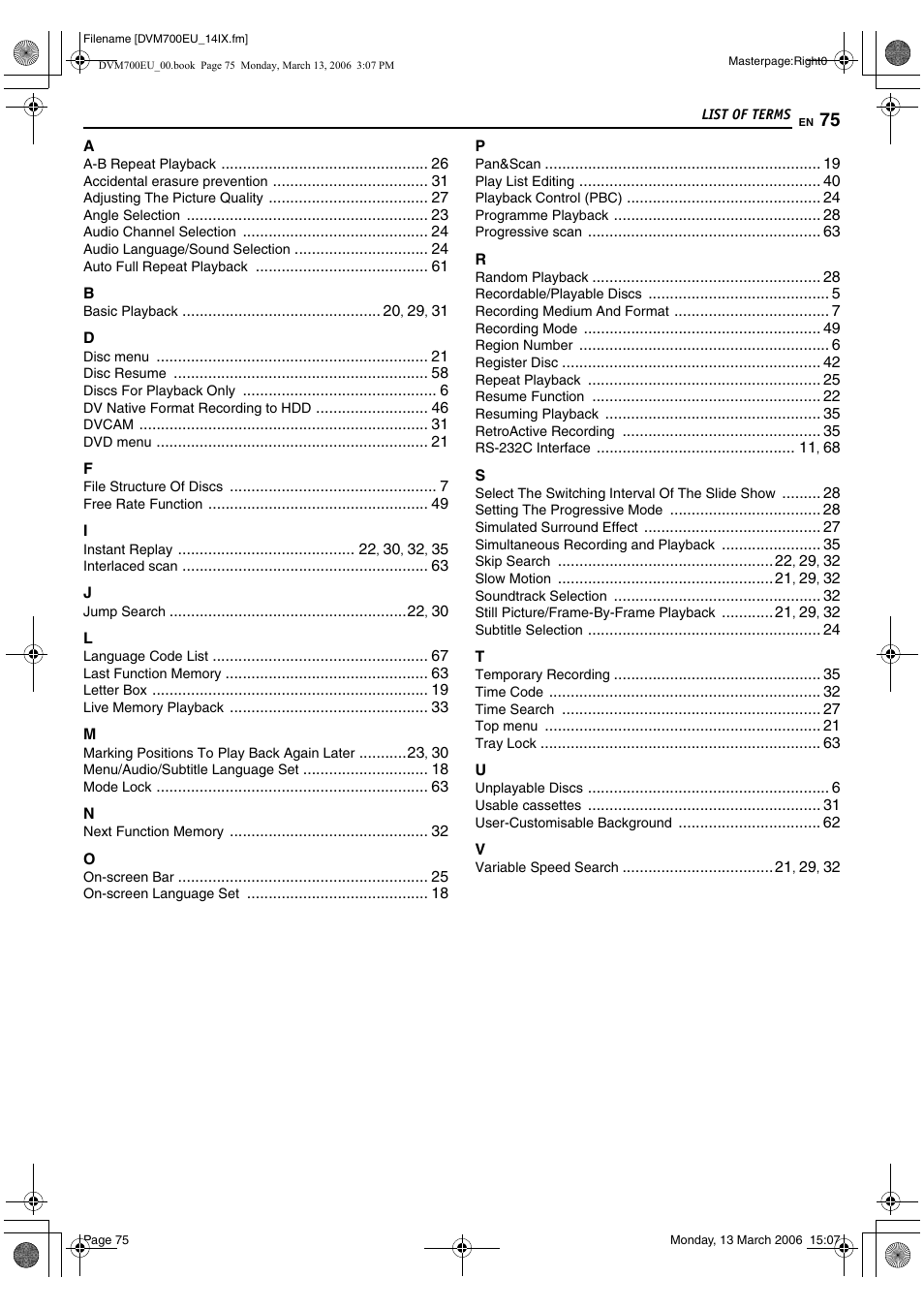 List of terms | JVC SR-DVM700E User Manual | Page 75 / 76