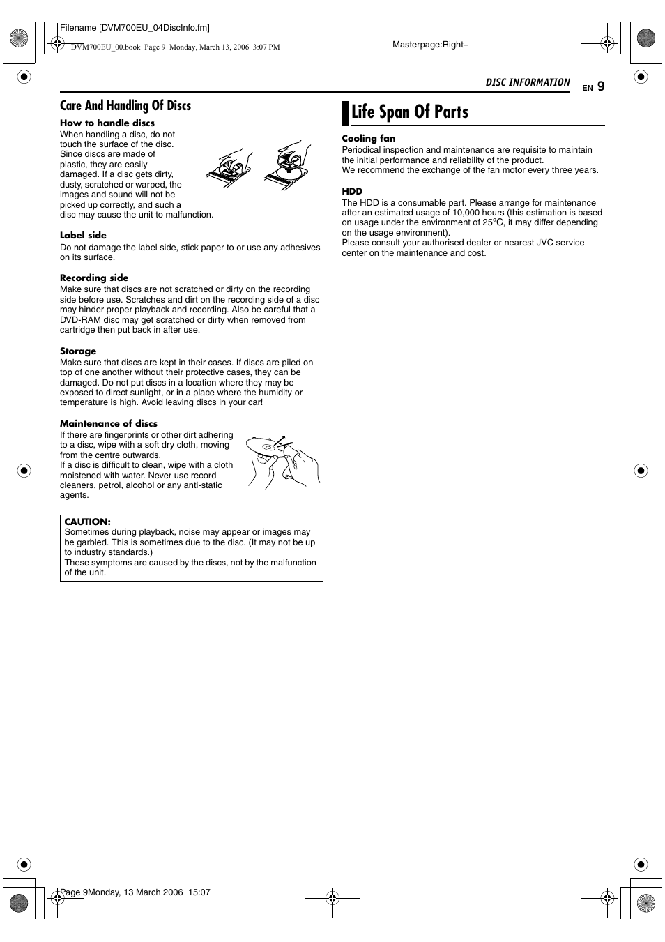 Care and handling of discs, Life span of parts | JVC SR-DVM700E User Manual | Page 9 / 76