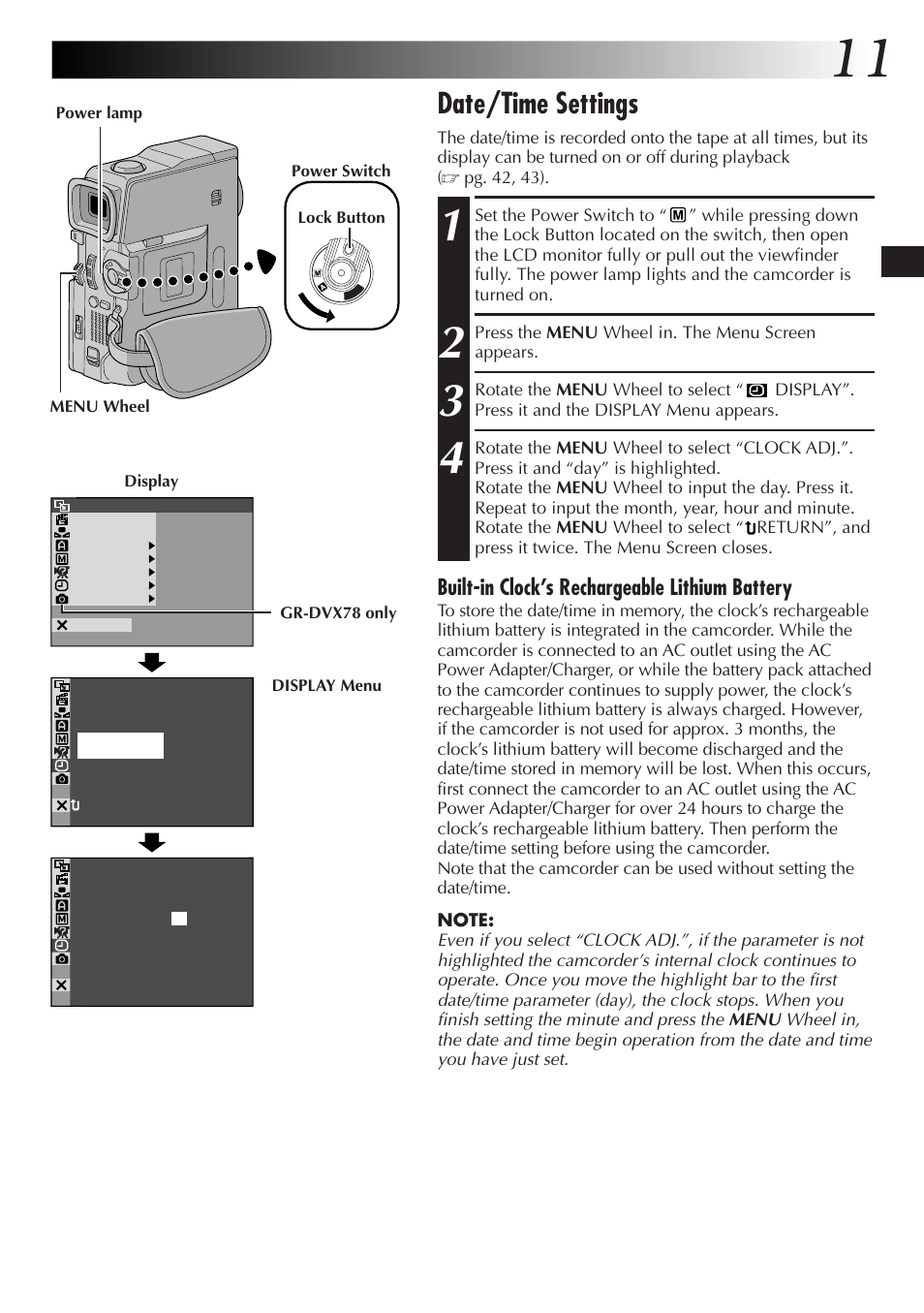 Date/time settings, Built-in clock’s rechargeable lithium battery | JVC GR-DVX48A User Manual | Page 11 / 100