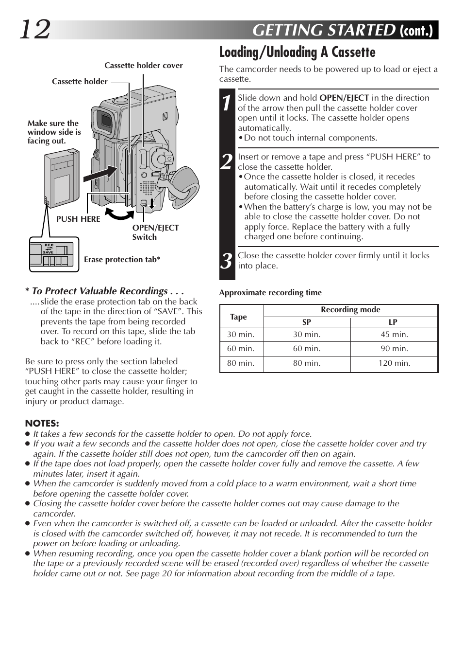 Getting started, Loading/unloading a cassette, Cont.) | JVC GR-DVX48A User Manual | Page 12 / 100