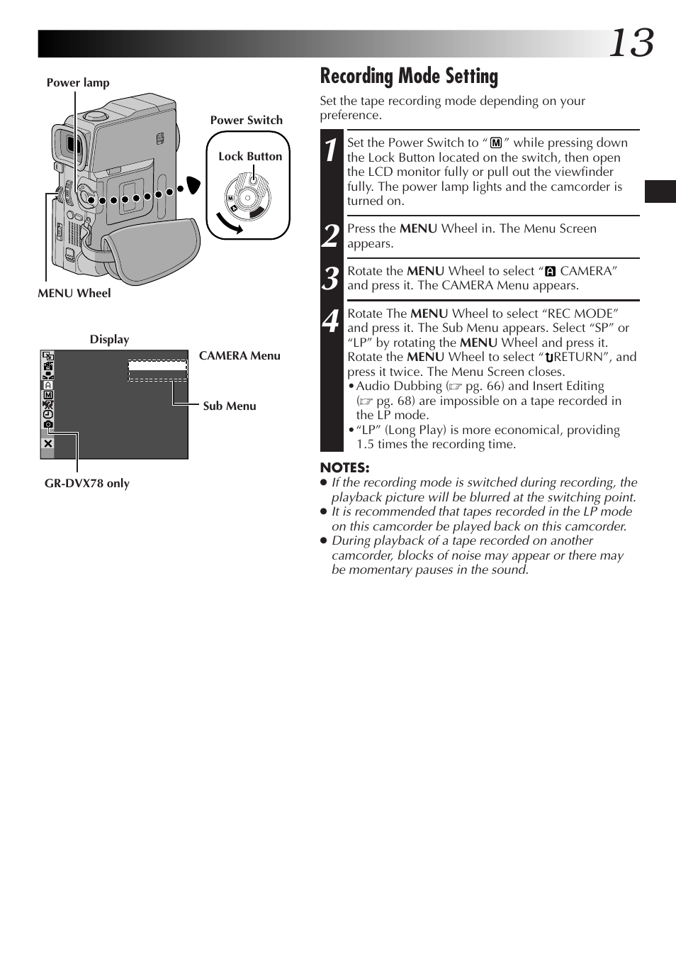 Recording mode setting | JVC GR-DVX48A User Manual | Page 13 / 100