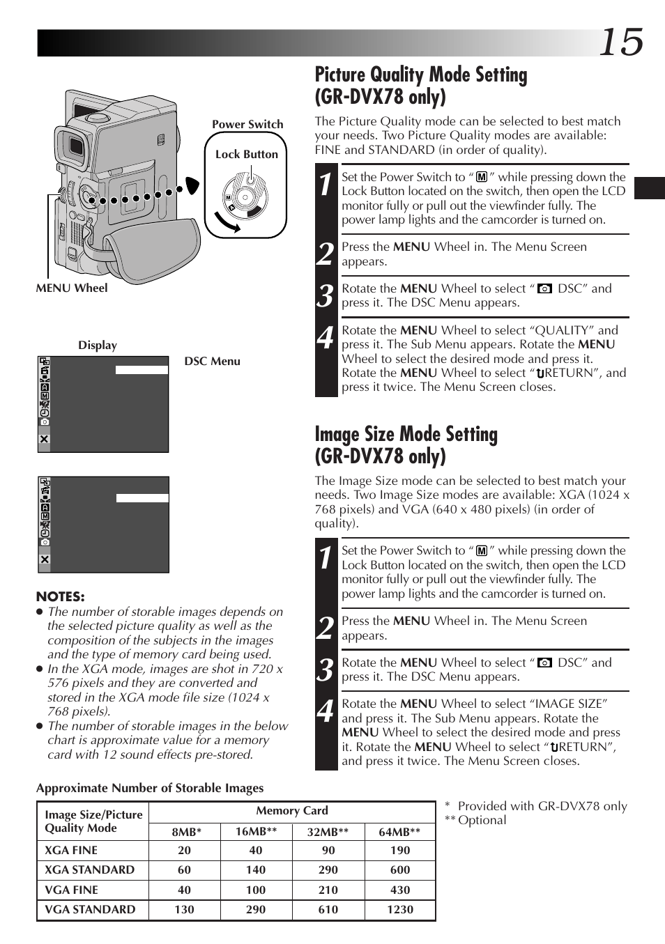 Picture quality mode setting (gr-dvx78 only), Image size mode setting (gr-dvx78 only) | JVC GR-DVX48A User Manual | Page 15 / 100