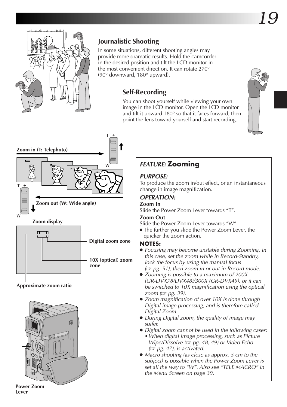 Journalistic shooting, Self-recording, Zooming | JVC GR-DVX48A User Manual | Page 19 / 100