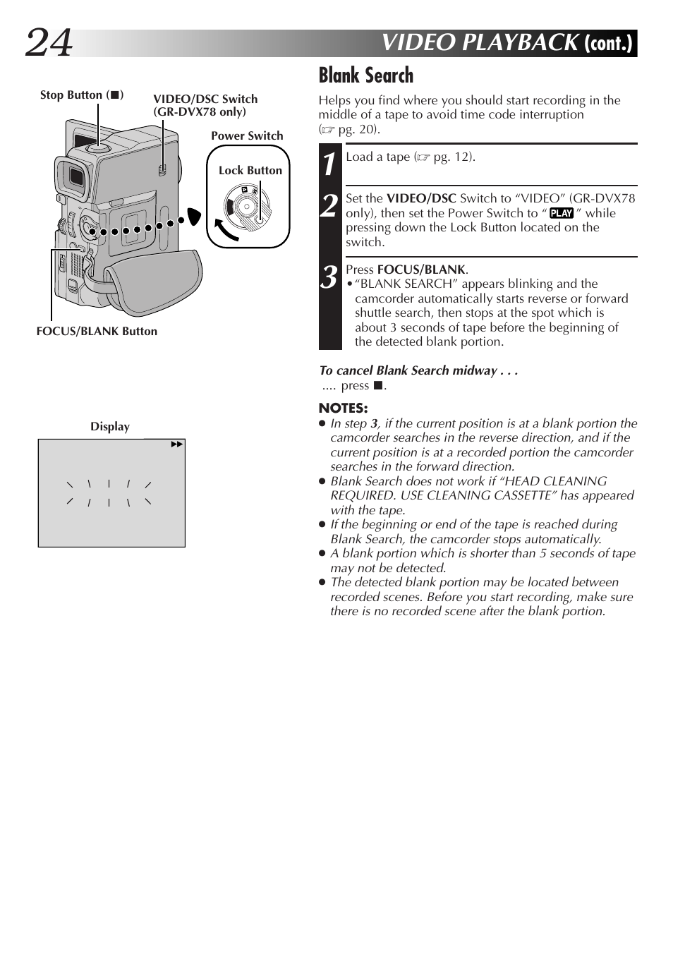 Video playback, Blank search, Cont.) | JVC GR-DVX48A User Manual | Page 24 / 100