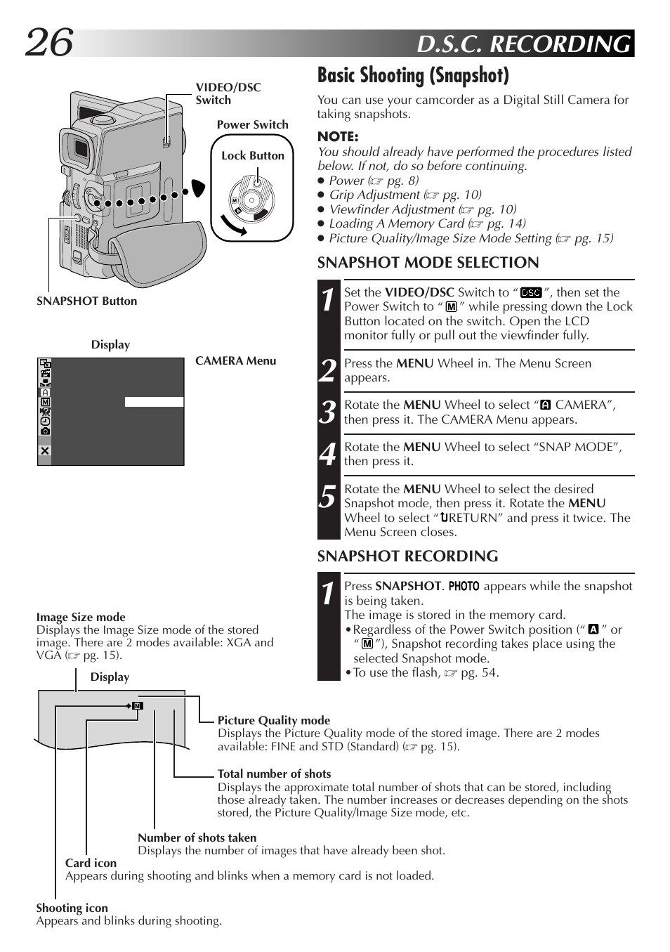 D.s.c. recording, Basic shooting (snapshot) | JVC GR-DVX48A User Manual | Page 26 / 100