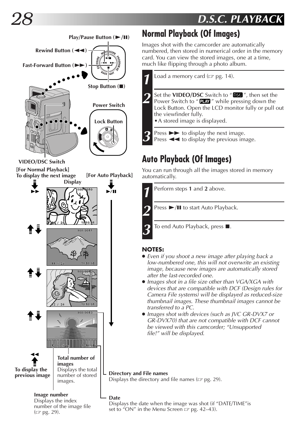 D.s.c. playback, Normal playback (of images), Auto playback (of images) | JVC GR-DVX48A User Manual | Page 28 / 100